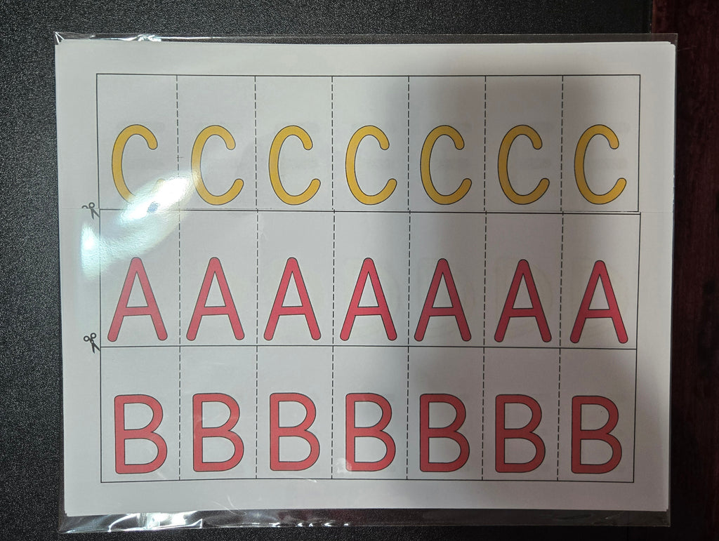 Cut-out alphabet cards of the ABC capital and lowercase